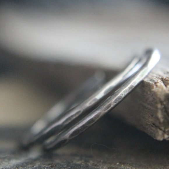 Sterling Silver Hammered Hoop Earrings, Artisan Made, Medium Hoops, Rustic - Picture 1 of 7